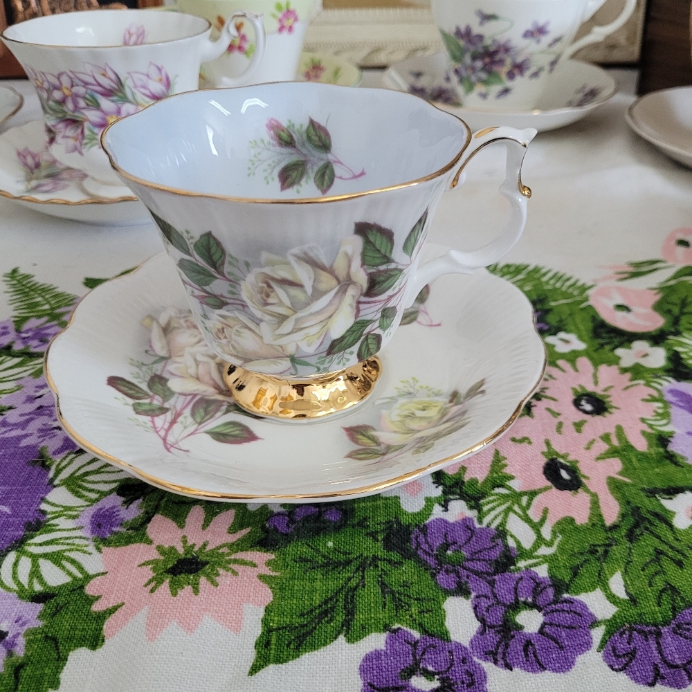 Royal Albert White Cabbage Rose Porcelain Teacup and Saucer with Gold Detail